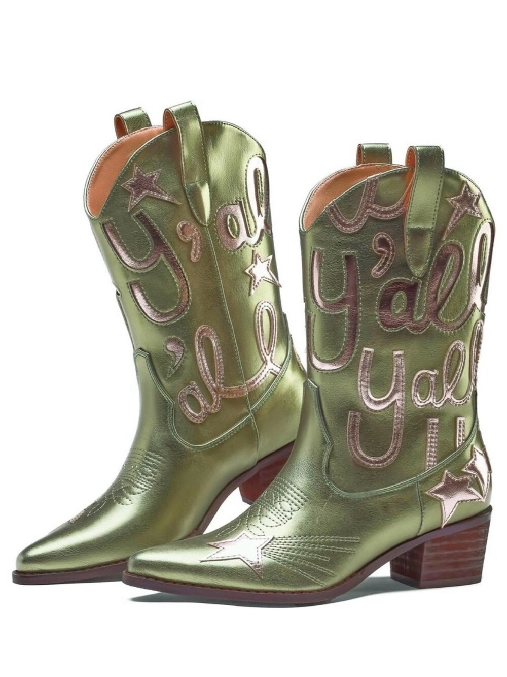 Metallic Olive Y'all Embroidered Western Heeled Boots - Women